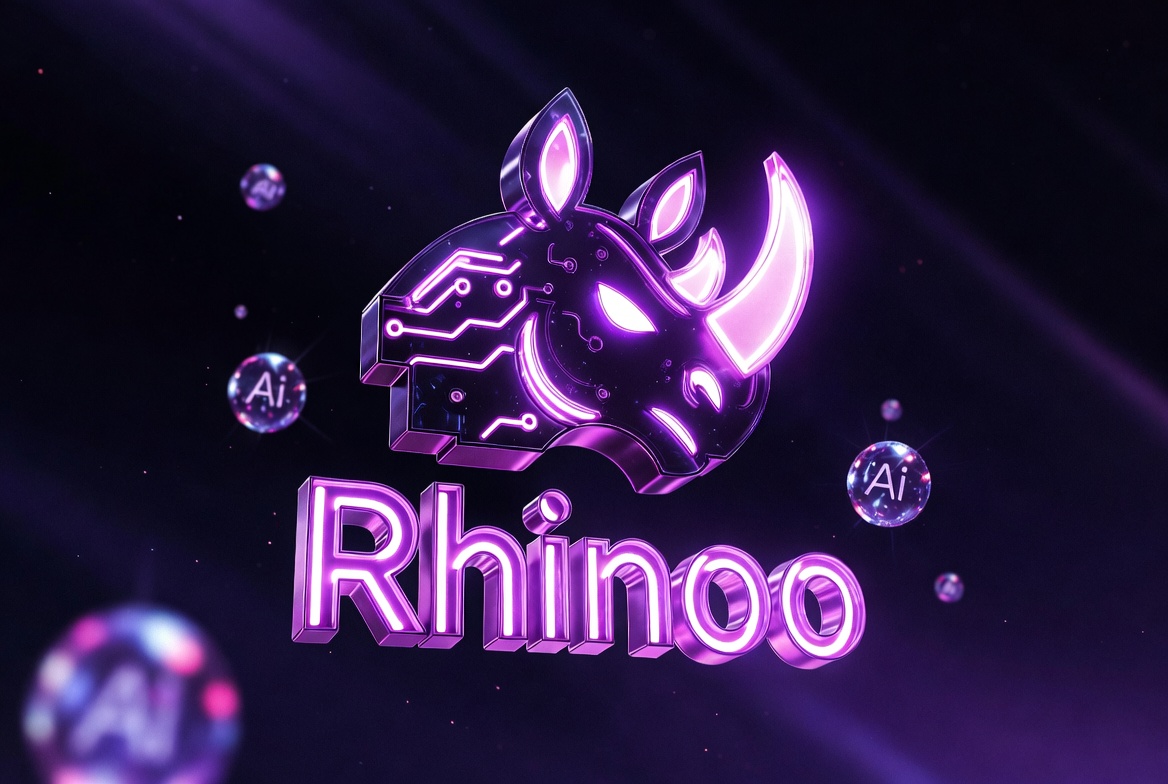 Rhinoo AI — 3D neon rhino with artificial intelligence branding